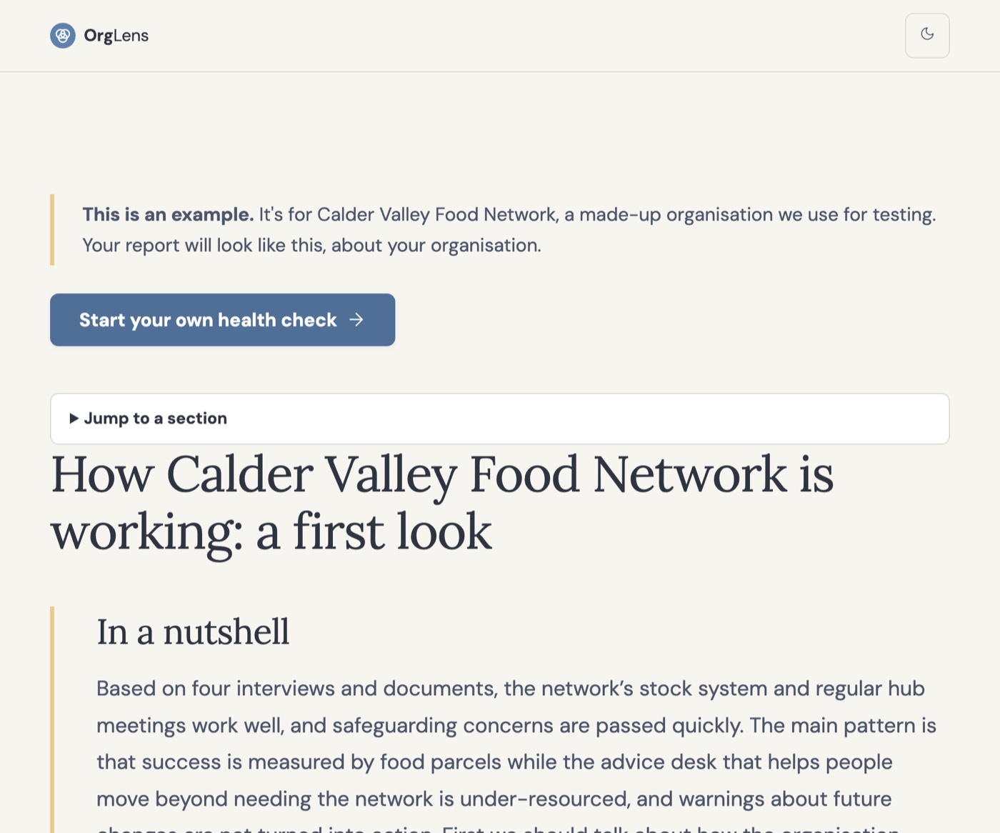 OrgLens example report for Calder Valley Food Network, a made-up organisation, opening with In a nutshell